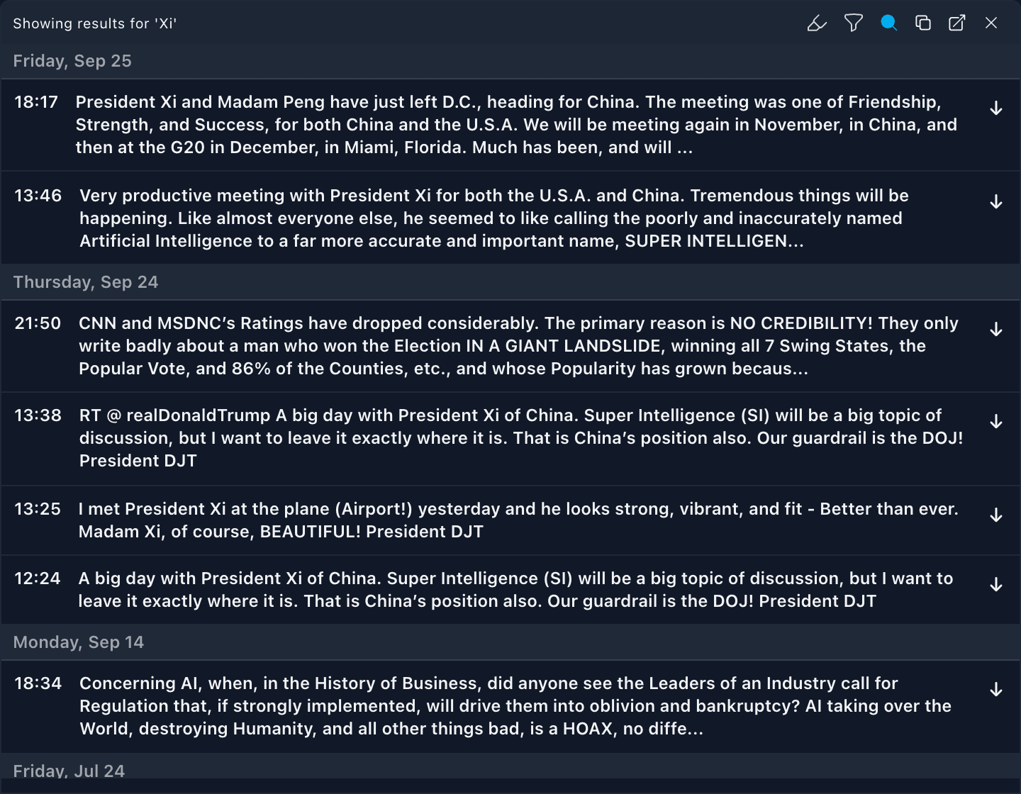 The Newsquawk Truth Social feed, searched for posts on Xi