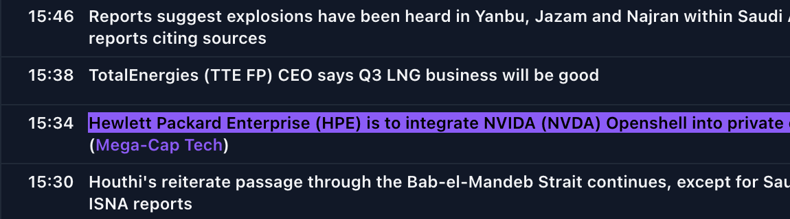 The Newsquawk headline feed with a headline on HPE and Nvidia highlighted in purple for the Mega-Cap Tech watchlist